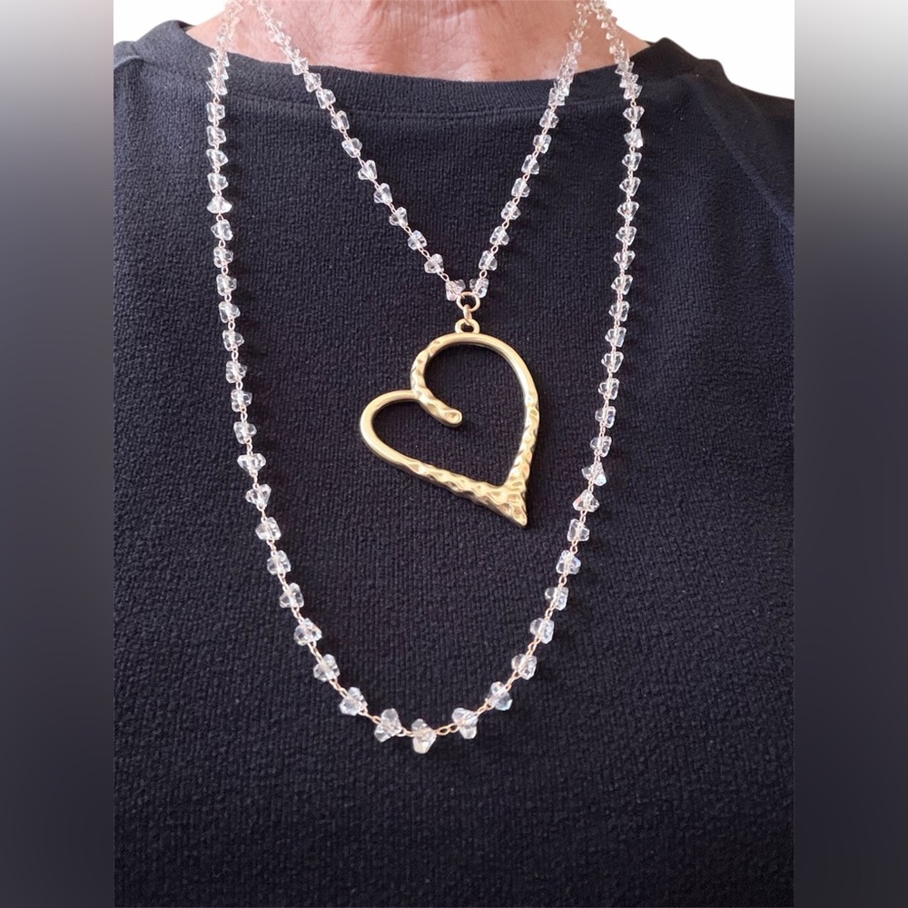 2 Multi-Style necklaces Gold Heart Pendant w/ Crystals &long gold chain. - Picture 2 of 13